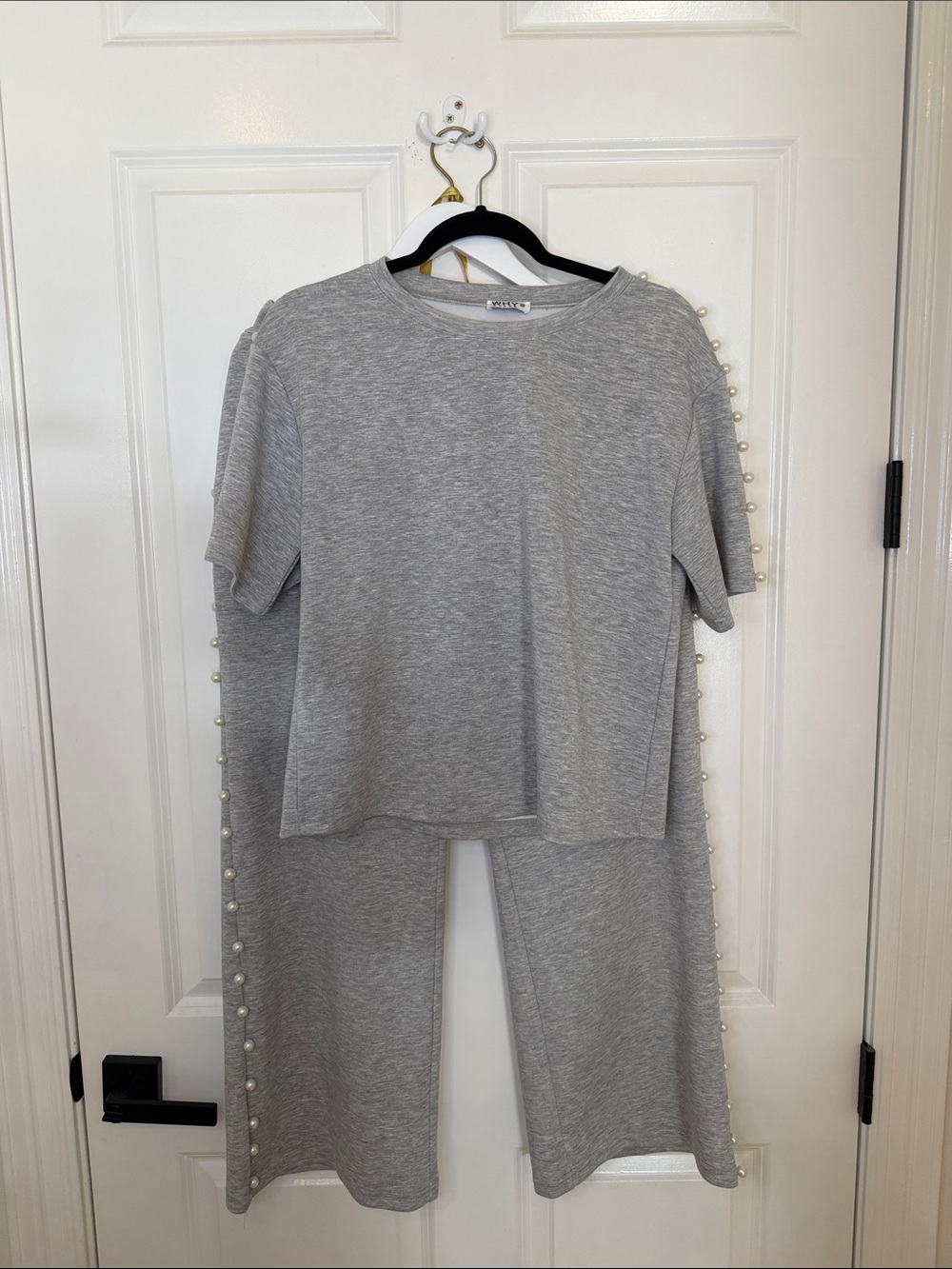 Casual Grey Pant Set with Pearl Trim